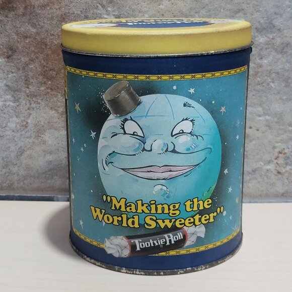 Vintage Tootsie Roll Collectible Tin Smiling Moon Face Making The World Sweeter - Picture 1 of 9